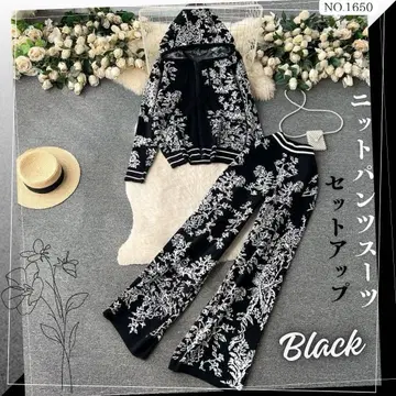 니트 팬츠 수트 셋업 블랙 플라워 후드 자켓 팬츠