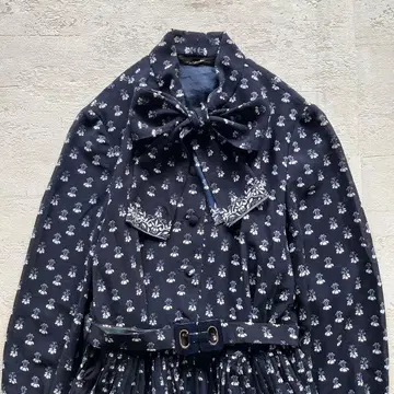 쇼와 레트로 네이비 x 미니 꽃무늬 긴팔 롱 원피스 리본 벨트 포함