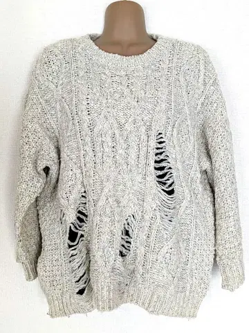 케이블 니트 스웨터, 데미지 가공, 크러쉬 가공