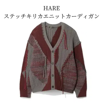 미사용품 하레 HARE 스티치 절개 니트 가디건 레드