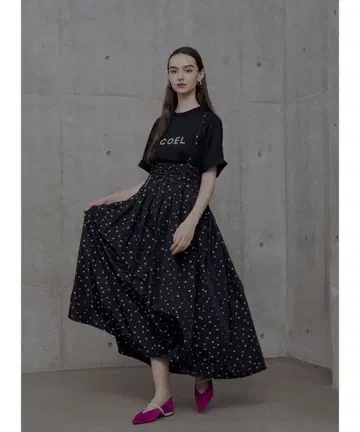 완판 COEL 코엘 플레어 랜덤 도트 무늬 서스펜더 롱 스커트 용아