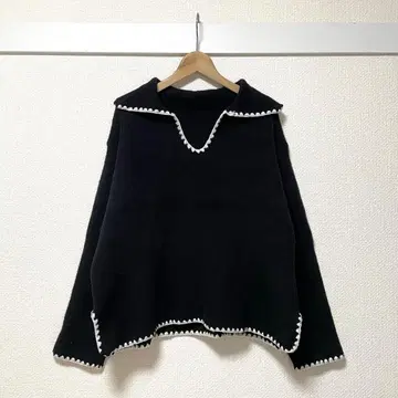 SHEIN 세일러 카라 배색 스티치 니트 L 블랙 걸리시 루즈핏