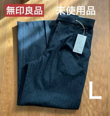 [미사용품] 무인양품 스트레치 기모 턱 와이드 팬츠 블랙 스트라이프 L