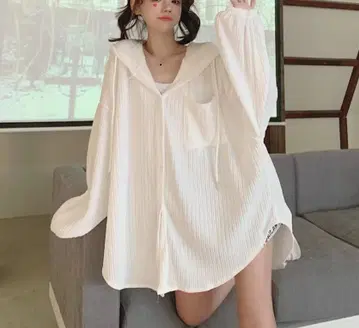 빅 사이즈 UV 컷 후드티 루즈핏 화이트 귀여운 상의 긴팔 여성용