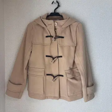베이지 더플 코트 후드 부착