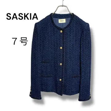 SASKIA 고급 트위드풍 노카라 자켓 네이비 7호 세레모니