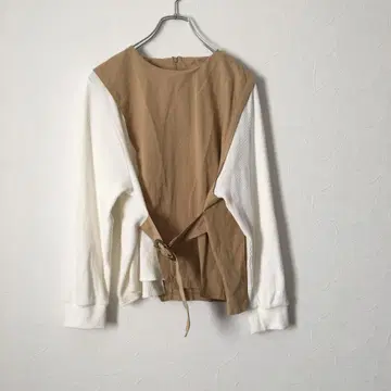 상의 레이어드 스타일 벨트 포함 와플 풀오버 면 바이컬러