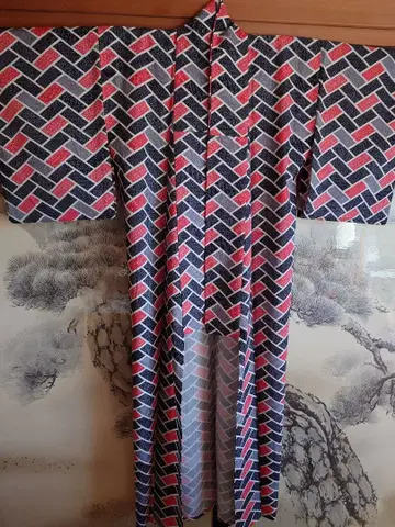 [ 빈티지 ] 단의 에도 코몬풍 전통 문양 기모노 빨검그레이 모던