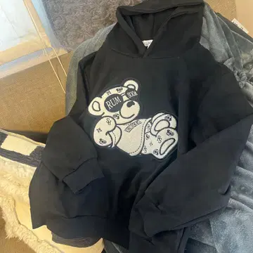 RUMSODA 곰 프린트 블랙 후드티 M
