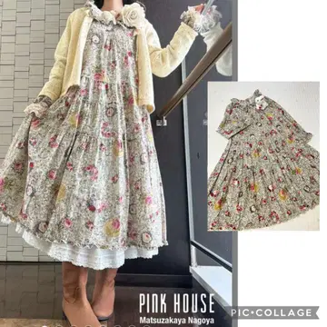 핑크하우스 긴팔 원피스 장미 로즈 레이스 패턴 2025 면론