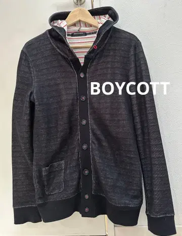 BOYCOTT 블랙 후드티 스트라이프 안감