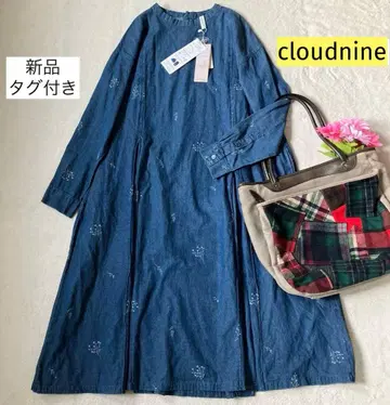 [택 포함 새상품] 클라우드나인 플라워 프린트 데님 턱 플레어 원피스