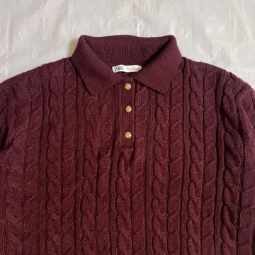 ZARA 케이블 스웨터 니트 폴로 보르도 와인 레드 골드 버튼