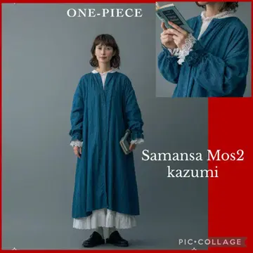 사만사 모스모스 x kazumi 콜라보 소매 자수 데님 원피스 네이비