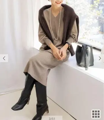 노리즈 NORREY'S 베이지 V넥 니트 원피스 긴팔 36