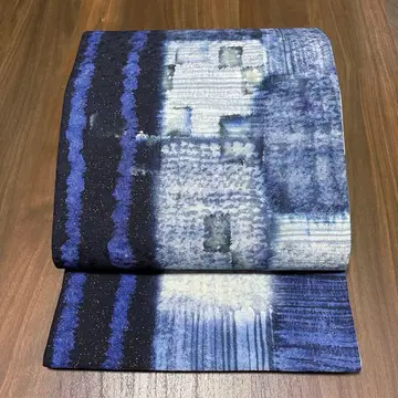 순수 실크 전통 후쿠로 오비 [로케츠 염색 금사 통과 파랑]