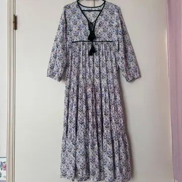 블록 프린트 인도 면 롱 원피스