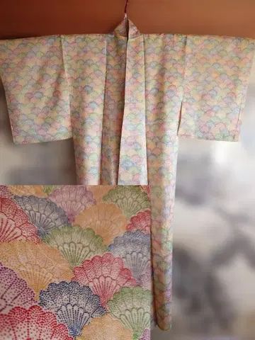 [ 길조 패턴 ] 빈티지 순수 실크 이중 기모노 코몬 국화 부채 문양