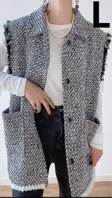 주노아 JUNOAH 오버 실루엣 트위드 베스트 화이트 블랙 L