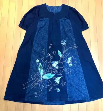 사시코 네이비 나염 원단 코튼 루즈핏 원피스 Sashiki