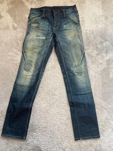 RIELABO 데미지 가공 다크 블루 슬림 핏 데님