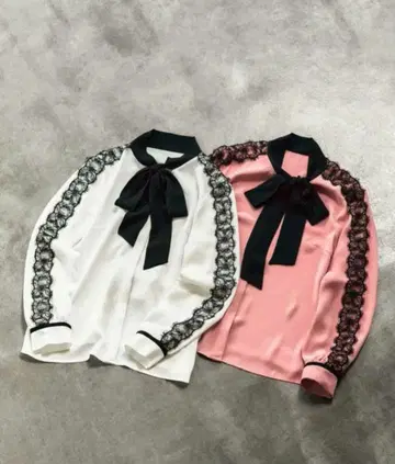 Pinky&Dianne 레이스 콤비 바이컬러 리본 블라우스