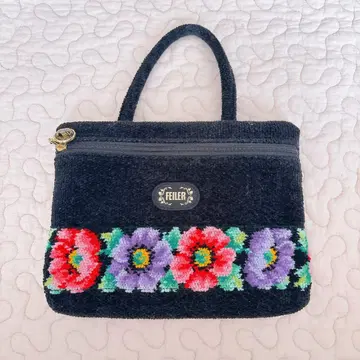 새상품급 FEILER 꽃무늬 자수 핸드백 중형 블랙