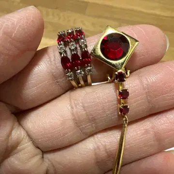 빨간색 보석풍 금 도금 귀찌 세트