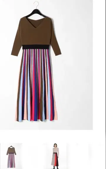 배색 플리츠 니트 롱 원피스 카키