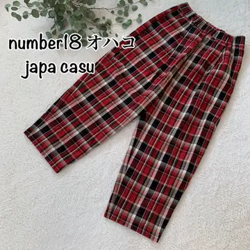 number18 오하코/빨간색 체크 무늬/캐주얼 팬츠/와이드/허리밴딩
