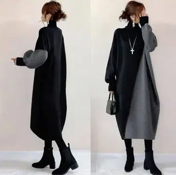 바이컬러 니트 원피스 롱 기장