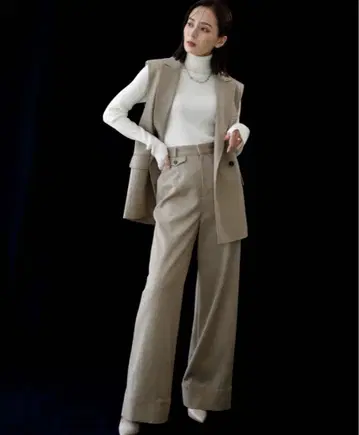 anuans 울 블렌드 트윌 오버 베스트 & 와이드 플레어 팬츠