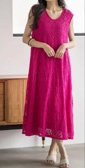 RANAN (라난) 시원한! 풍성한 플레어 레이스 원피스 (핫 핑크)