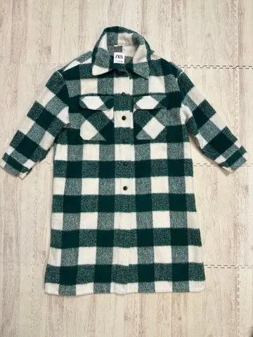 ZARA 그린 화이트 깅엄 체크 롱 코트