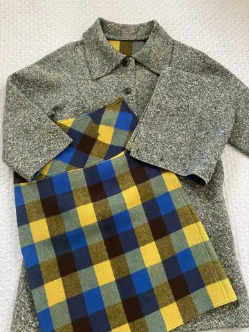 그레이 코트 체크 무늬 스커트 세트