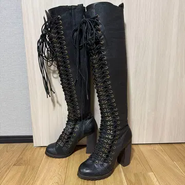 블랙 천연 가죽 라무 레이스업 니하이 부츠 수입