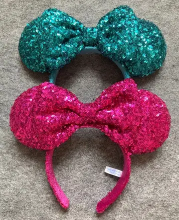 디즈니 머리띠 스팽글 핑크 그린 리본 세트