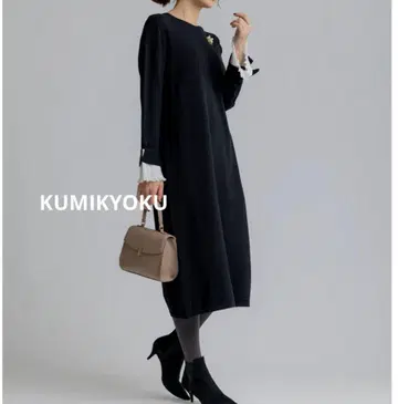 [ 쿠미쿄쿠 ] 빅 사이즈 5 소매 프릴 니트 원피스 블랙 이소재 도킹