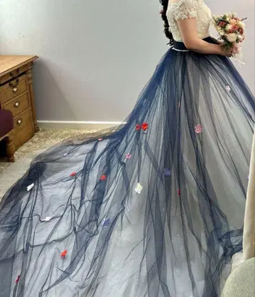 오버 스커트 오버 드레스 네이비 튤 컬러 드레스 핑크 꽃