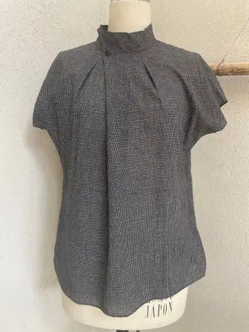 요건 레일 반팔 스탠드 카라 셔츠 블랙 화이트 체크 면 100