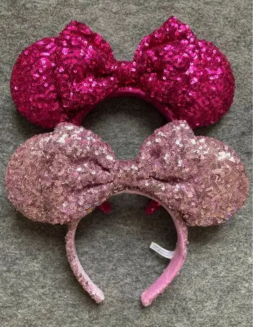 디즈니 머리띠 스팽글 옅은 진한 핑크 리본 미니 페어