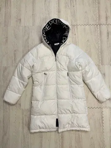 EVOLUTION 화이트 후드 부착 롱 다운 자켓