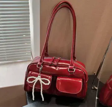 레드 가죽 숄더백 펄 리본 포함