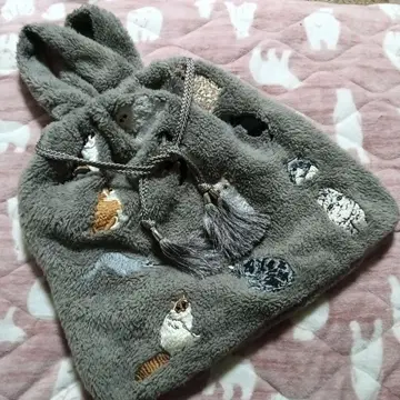고양이 자수 그레이 플리스 토트백