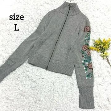 니트 가디건 소매 자수 꽃무늬 자수 하이넥 풀 집업 그레이 [ L ]