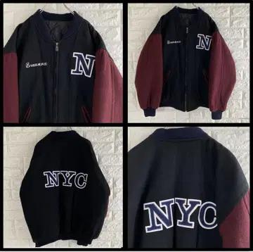 NYC 블랙/버건디 자수 디자인 바시티 자켓 L 상당 4420