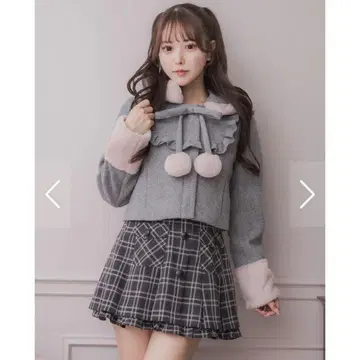 pium 퍼 리본 요크 프릴 숏코트