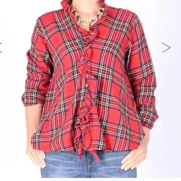 45R 진바넬 타탄 체크 프릴 카슈쿨 미사용 새상품 블라우스 셔츠