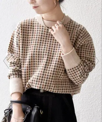 SHIPS any: 몰얀 크루넥 로고 하운드투스 체크 패턴 풀오버 니트