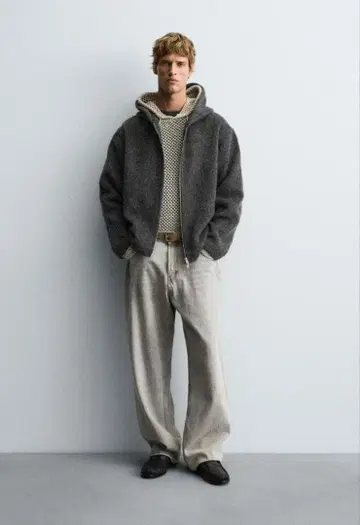 ZARA 인조 모피 셔츠 자켓 후드 부착 그레이 L 사이즈